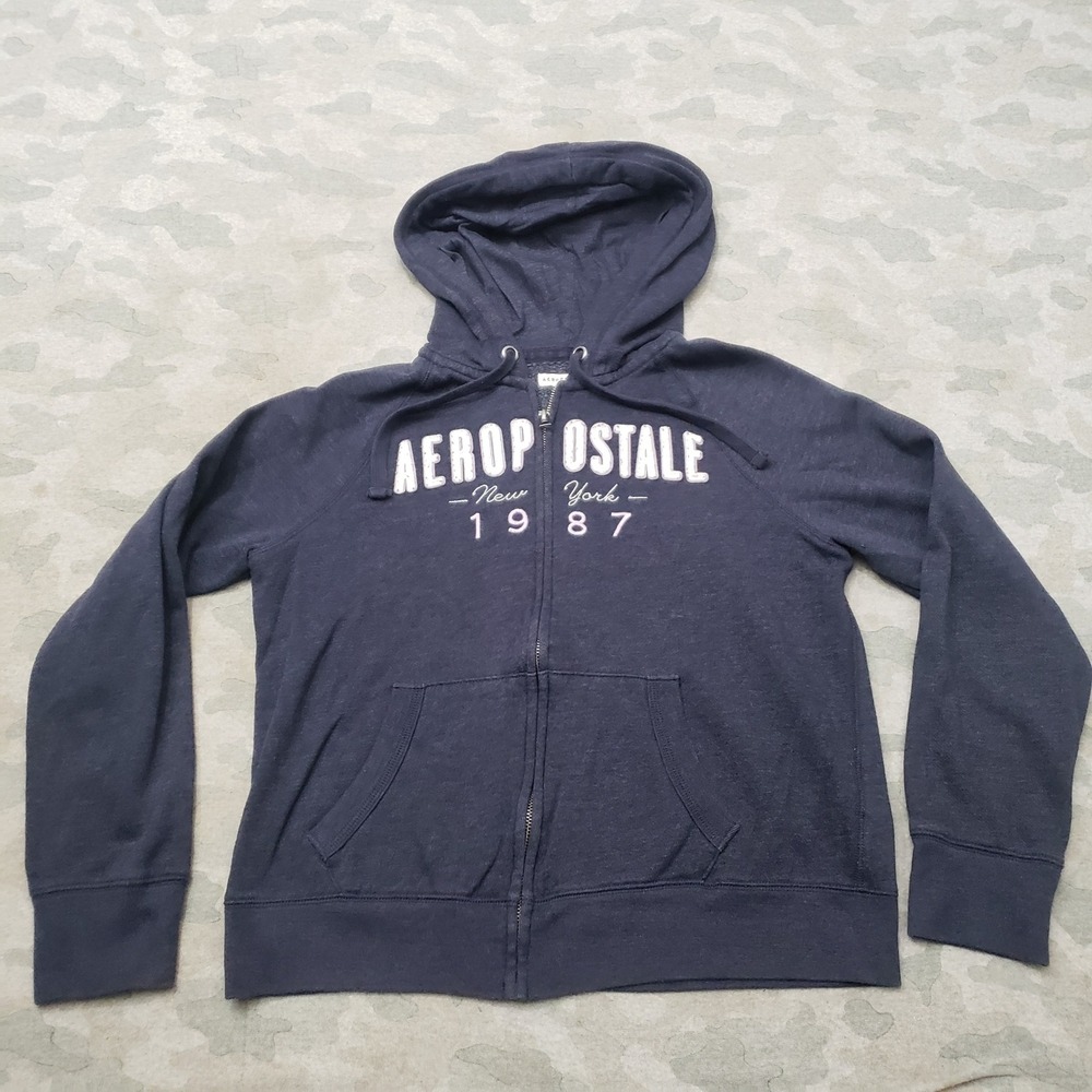 Aeropostale Sweatshirt Womens Large Blue Embroidered Full Zip Hoodie